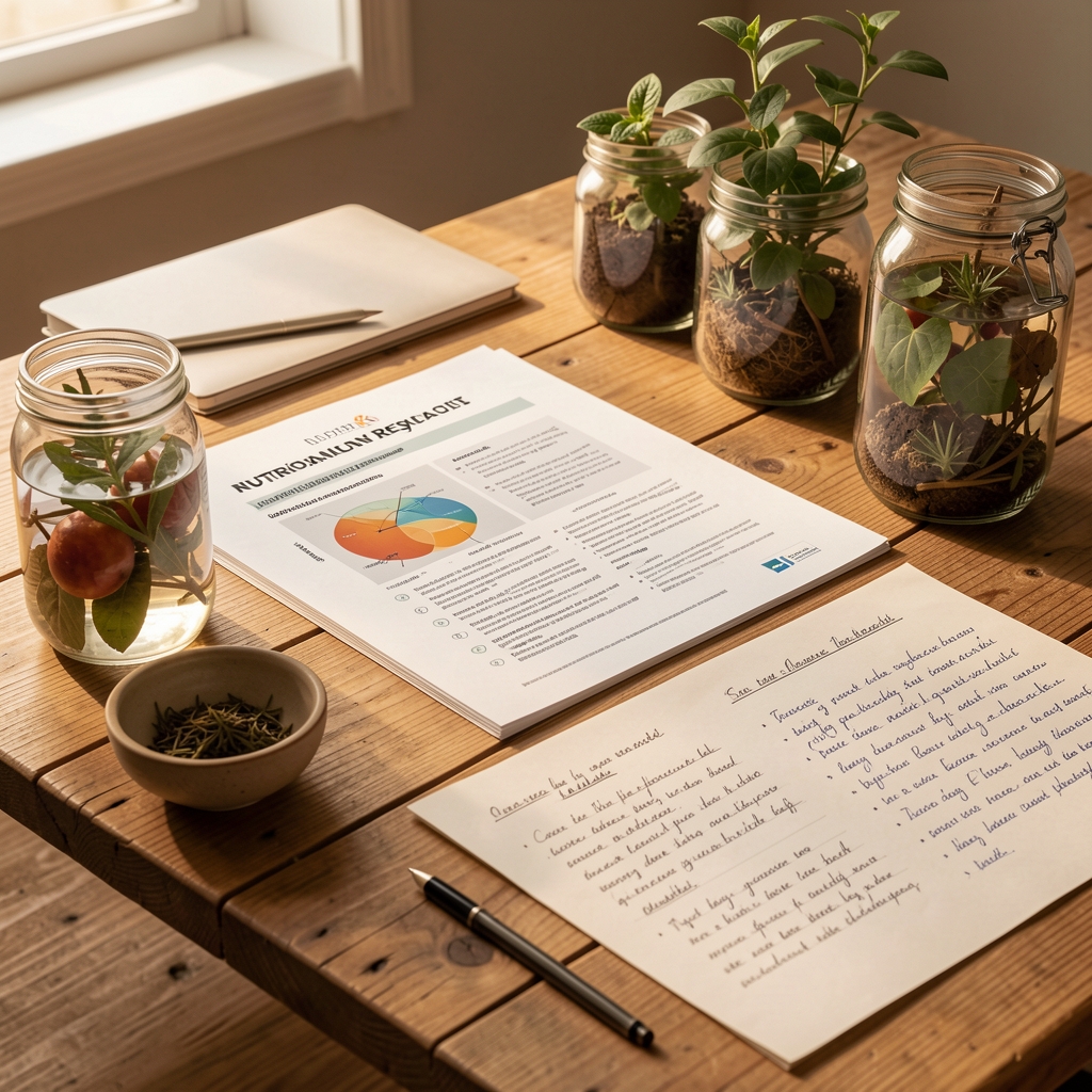 Editorial workspace with nutritional research documents, botanical specimens in glass jars and handwritten notes spread across a natural wood desk in warm studio lighting