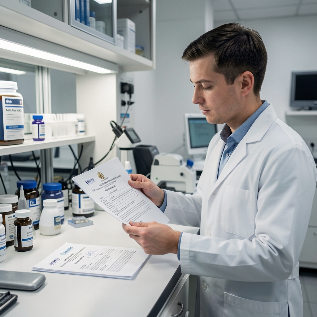 Quality control professional reviewing supplement batch documentation and composition certificates at a laboratory workbench with controlled lighting