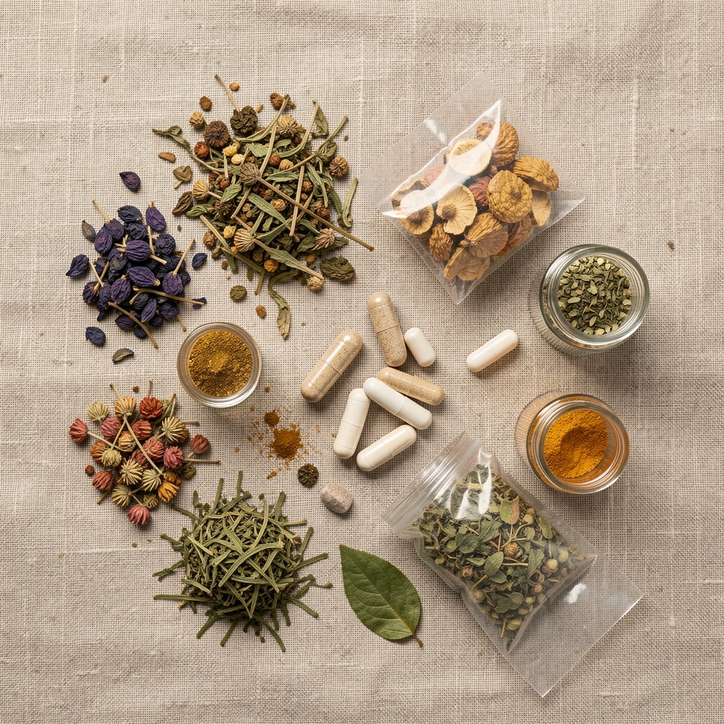 Flat lay of whole-food sourced supplement ingredients including dried botanicals, mineral soft-gels and plant extracts arranged on natural linen fabric