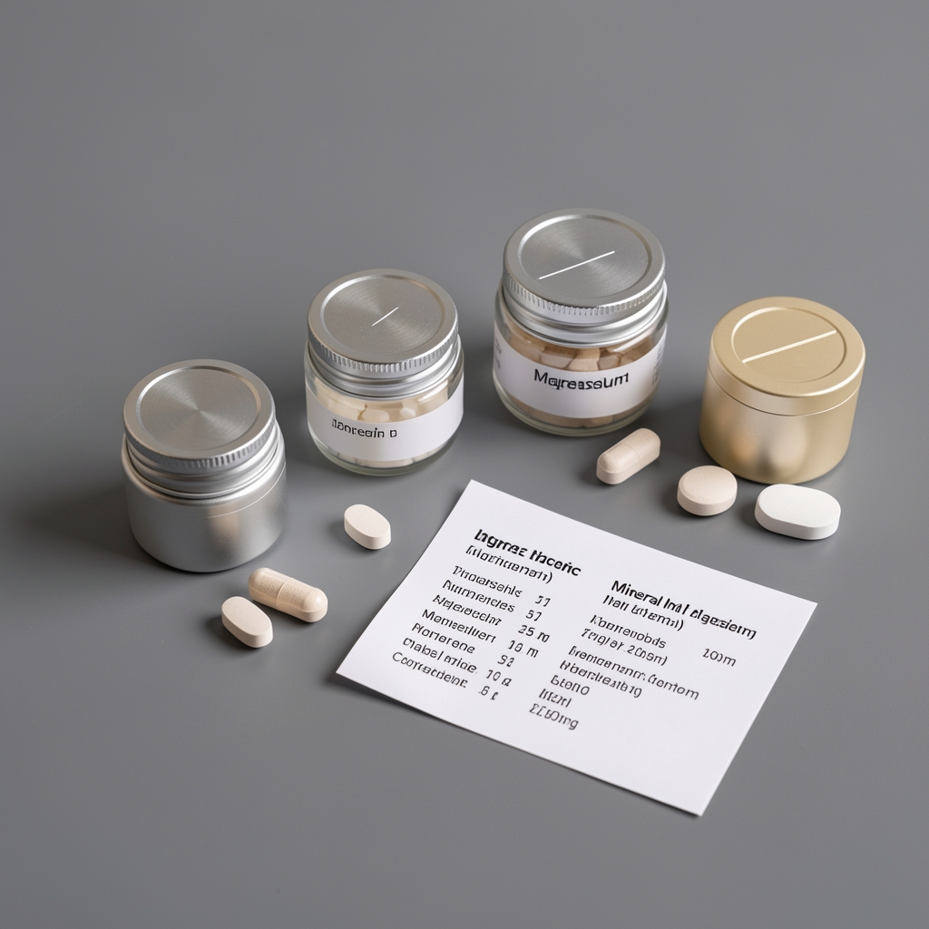 Arrangement of zinc and magnesium mineral supplement servings with ingredient breakdown card on matte grey surface under controlled lighting