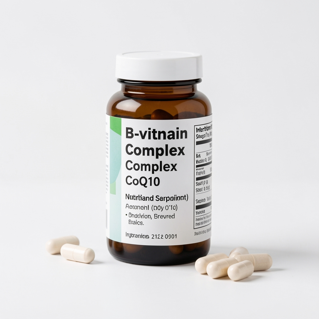 B-vitamin complex and CoQ10 nutritional supplement serving displayed with ingredient transparency label on clean white surface