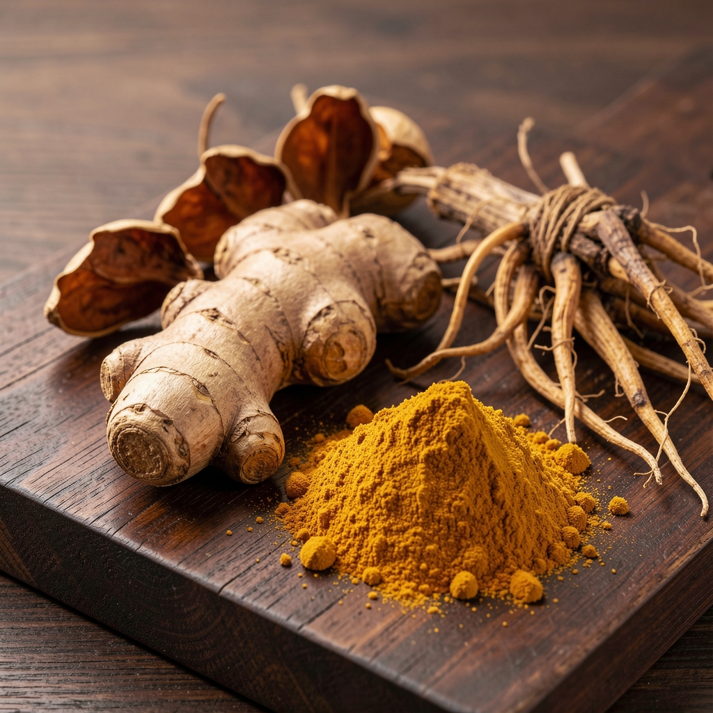 Ashwagandha root and powder displayed on a dark wooden board alongside dried botanical specimens with visible root texture and deep amber colouring