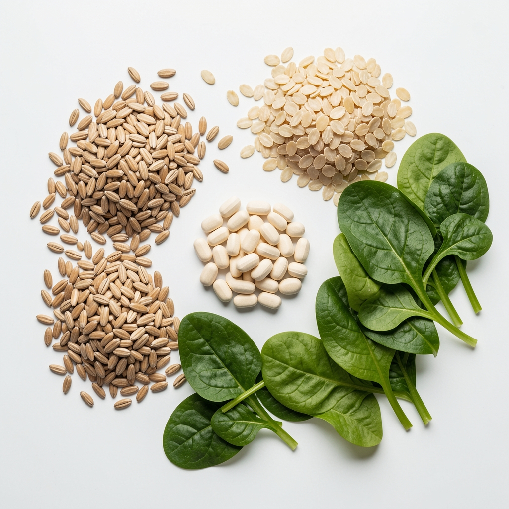Vitamin B complex supplement ingredients including whole grains and green leafy vegetables arranged in a flat lay composition on a white surface