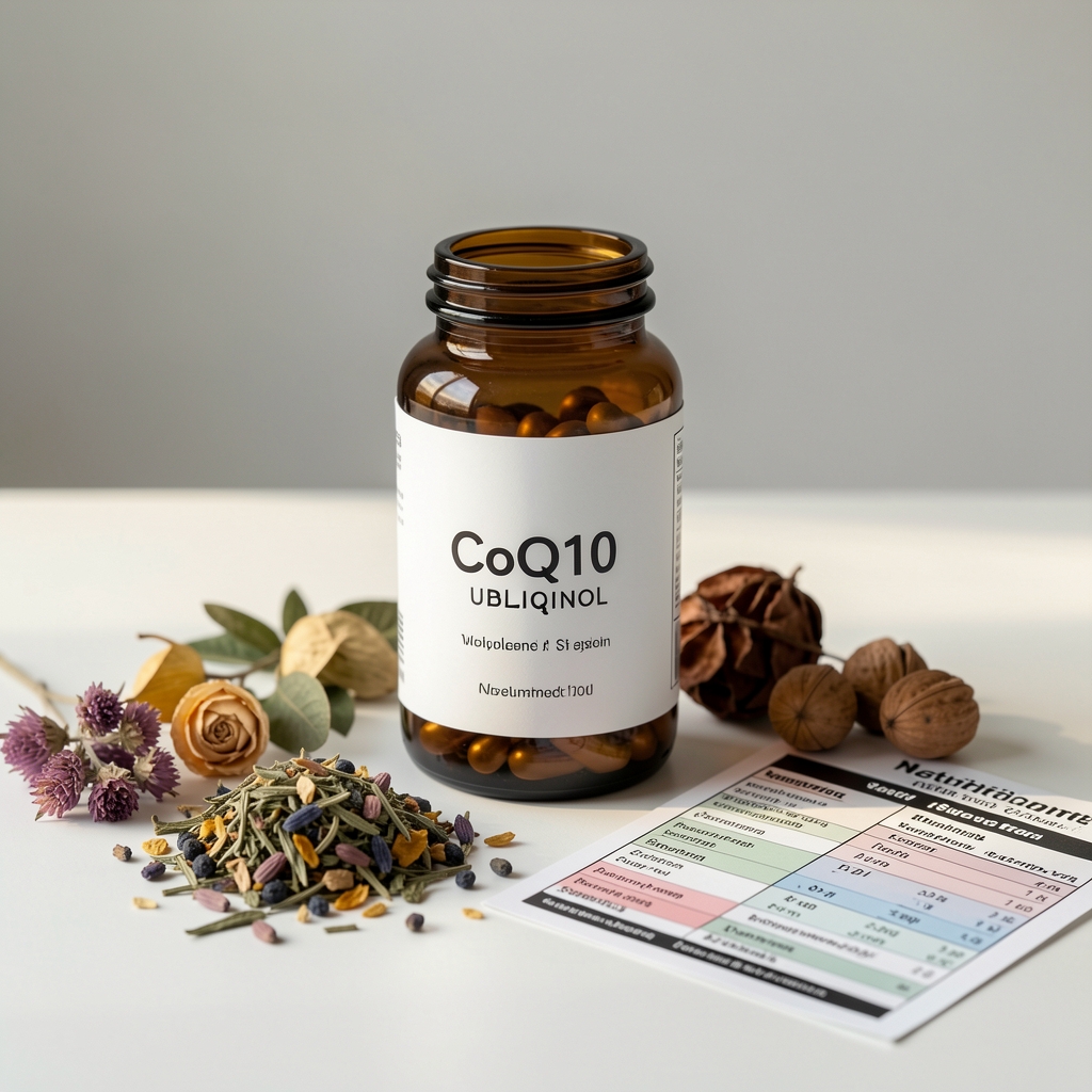 CoQ10 ubiquinol supplement in amber glass container surrounded by dried botanical ingredients and a small nutrition reference chart on a clean workspace